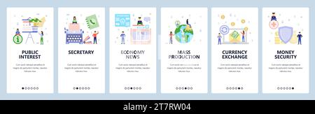 Business and economy icons, financial news and reports. Mobile app onboarding screens. Menu vector banner template for website and mobile development. Stock Vector