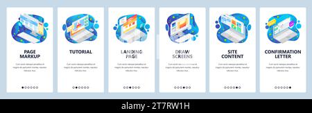 Isometric computer icons, landing page and site wireframe. Mobile app onboarding screens. Menu vector banner template for website and mobile developme Stock Vector