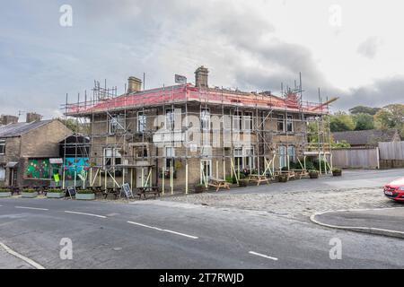 The Trawden Arms, Lancashire with scaffolding for a new roof. Stock Photo