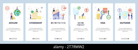 Mobile app onboarding screens. Immigration and international travel, asylum and citizenship, visa, passport. Menu vector banner template for website a Stock Vector