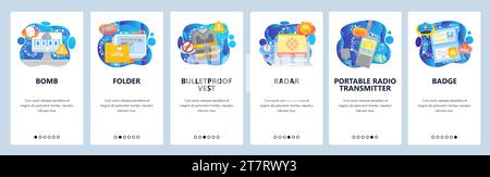 Police icons, terrorist attack. bomb timer, police badge, pistol, radar. Mobile app onboarding screens. Menu vector banner template for website and mo Stock Vector