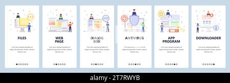 Computer technology icons, antivirus app, download files, online chat. Mobile app onboarding screens. Menu vector banner template for website and mobi Stock Vector