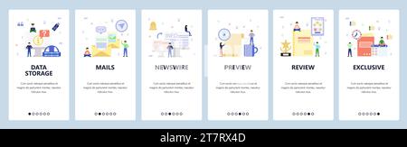 Mobile app onboarding screens. Data storage, technology, email, news. Menu vector banner template for website and mobile development. Web site design Stock Vector