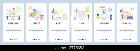 Mobile app onboarding screens. Secure file access, download and upload, typewriter, delete computer files. Menu vector banner template for website and Stock Vector