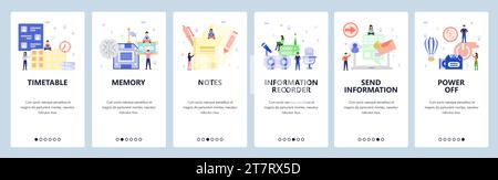 Mobile app onboarding screens. Computer hardware, email, graphic card, memory, calendar. Menu vector banner template for website and mobile developmen Stock Vector