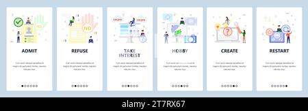 Mobile app onboarding screens. Job application, yes and no hand gestures, make money, phone call. Menu vector banner template for website and mobile d Stock Vector