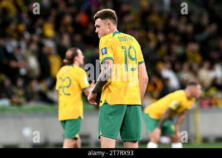 MELBOURNE, AUSTRALIA 16th November 2023. Pictured: Australian defender Harry Souttar(19) at the FIFA World Cup 2026 AFC Asian Qualifiers R1 Australia Stock Photo