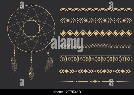 Set golden tribal dream catcher, feathers line art native arrows, dividers ethnic indian in doodle style on dark background. Geometric boho elements. Vector illustration Stock Vector