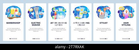 Mobile app onboarding screens. Electric razor, hair beauty salon, barbershop, lotion, cream, stylist. Menu vector banner template for website and mobi Stock Vector