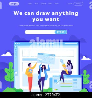Vector web site design template. Creative team develop site wireframe. Landing page concepts for website mobile development. Modern flat illustration. Stock Vector