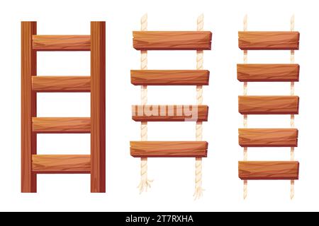 Set Wooden ladder with rope, planks hanging, staircase in cartoon style ...