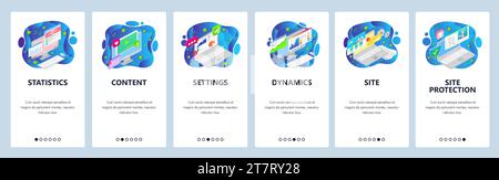 Mobile app onboarding screens. Business analytics and finance charts, video content, laptop, statistics. Menu vector banner template for website and m Stock Vector