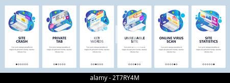 Mobile app onboarding screens. Business charts, isometric computer icons, private browsing, virus scan. Menu vector banner template for website and mo Stock Vector