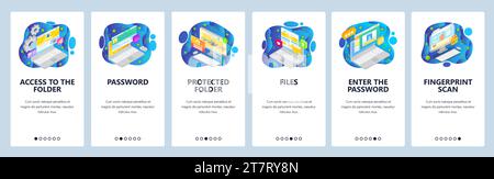 Mobile app onboarding screens. Files secure access, cyber security, account login, password, fingerprint scan. Vector banner template for website and Stock Vector