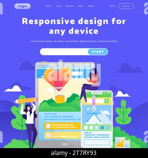 Vector web site design template. Female creative team build new site. Landing page concepts for website mobile development. Modern flat illustration. Stock Vector