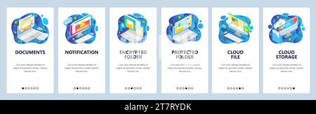 Mobile app onboarding screens. Secure cloud storage, encrypted folder, secure file access, documents, warning message. Menu vector banner template for Stock Vector