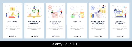 Mobile app onboarding screens. Behavioural economy, black market, financial chart, business auction. Menu vector banner template for website and mobil Stock Vector