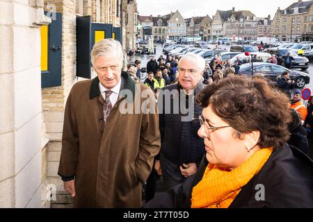 Diksmuide, Belgium. 17th Nov, 2023. King Filip of Belgium, West-Flanders province governor Carl Decaluwe and Diksmuide mayor Lies Laridon pictured during a visit in Diksmuide to the cityhall and the crisis centre, operational services and affected population, in the context of flooding in West Flanders, Friday 17 November 2023. The river Yser (Ijzer) has reached alarm levels at several sites in the Westhoek region. BELGA PHOTO JAMES ARTHUR GEKIERE Credit: Belga News Agency/Alamy Live News Stock Photo