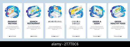 Mobile app onboarding screens. Order food online, burger store, online payment, search restaurant. Menu vector banner template for website and mobile Stock Vector