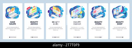 Mobile app onboarding screens. Beauty blog and cosmetic online store, haircut salon. Menu vector banner template for website and mobile development. W Stock Vector