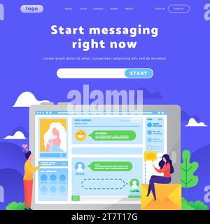 Vector web site design template. Online dating and messaging app. Landing page concepts for website mobile development. Modern flat illustration. Stock Vector
