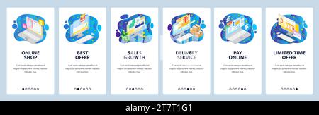 Mobile app onboarding screens. Online shopping and payment, sale, best offer, delivery, business charts. Menu vector banner template for website and m Stock Vector