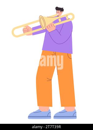 Man playing trumpet music instrument brass bugle alone drawing flat colorful illustration young performance cartoon Stock Vector