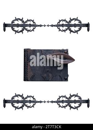 medieval door lock and door hinge  isolated on a white background Stock Photo