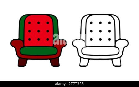 Stylish red comfortable armchair in flat cartoon style. Part of the interior of a living room or office. Isolated on white background Stock Vector