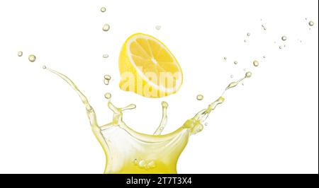 Half lemon falling into a crown shaped yellow juice splash isolated on white background. Stock Photo
