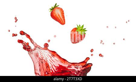 Ripe strawberries falling into a transparent red liquid crown shaped splash isolated on white background. Real studio shot. Stock Photo