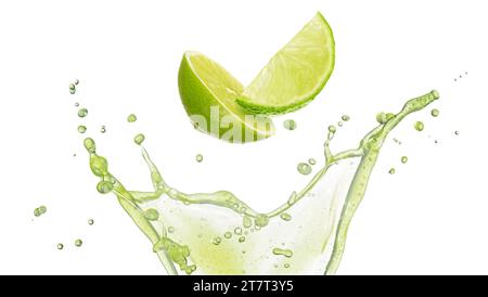 Two lime slices falling into a green juice splash isolated on white background. Stock Photo
