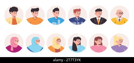 Avatar collection flat illustration of graphic cartoon character diverse multiethnic portrait in circle Stock Vector