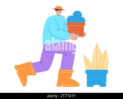 Man holding potted cactus home gardening flat colored illustration gardener Stock Vector