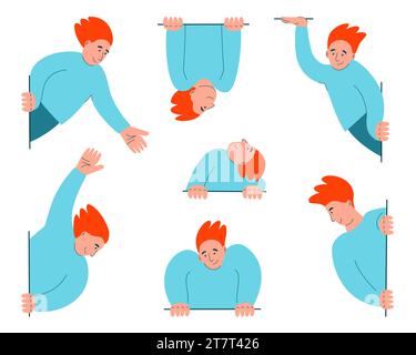 Positive man peeking with greeting gesture, saying hello, look here, waving his hand. Good character for sale banner to attract attention or show delight, involvement, interest and curiosity. Vector Stock Vector