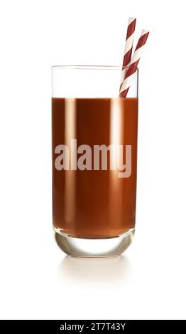 Tall glass of dark chocolate milk with drinking straws isolated on white background. Real studio shot. Stock Photo