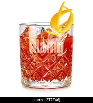 Classic negroni cocktail on the rocks garnished with orange zest isolated on white background. Stock Photo