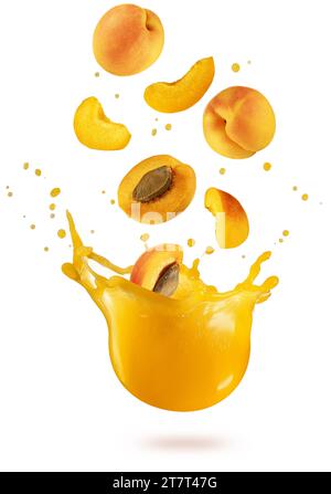 Apricots falling into a fresh juice drop splash isolated on white background. Real studio photo shot. Stock Photo