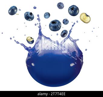Blueberries flying over a fresh juice drop splash isolated on white background. Real studio photo shot. Stock Photo