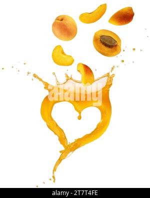 Ripe apricots flying above an heart-shaped juice splash isolated on white background. Real studio shot photography. Stock Photo