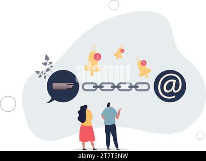 Chained communications with linked user notifications.flat vector illustration.Continuous flow with digital message and connection between chain parts Stock Vector