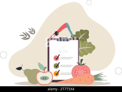 Weight loss.control nutrition with diet plan.flat vector illustration.woman doing downward facing dog Stock Vector