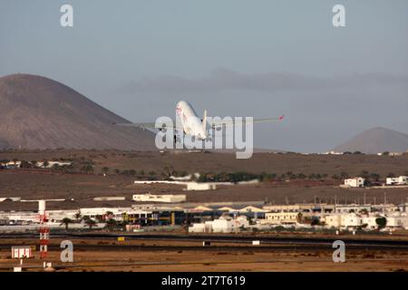 An Airbus A330-200 of Jet2 departing Lanzarote Arrecife Airport Stock Photo