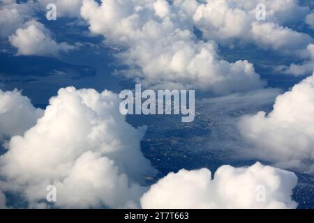 Aerial view of the south coast of England in the Bournemouth area photographed from a British Airways Airbus departing London Gatwick Airport Stock Photo