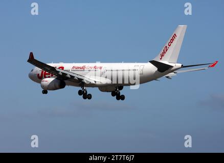 An Airbus A330-200 of Jet2 approaching Lanzarote Arrecife Airport Canary Islands Stock Photo
