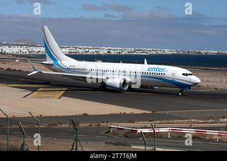 A Boeing 737-8 MAX of Enter Air waiting to depart Lanzarote Arrecife Airport Canary Islands Stock Photo