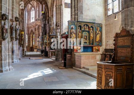 Nuremberg, Bavaria, Germany - April 30, 2023: Interior view of St. Lorenz (St. Lawrence), a medieval Evangelical Lutheran Church built 1400-1477 in la Stock Photo