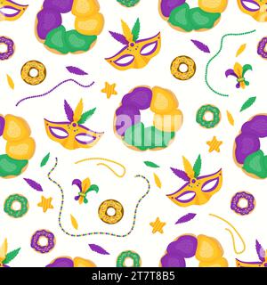 Mardi Gras carnival seamless pattern. Festive King Cake and donuts with colorful icing, beads, necklaces, mask and feathers on white background. Vecto Stock Vector