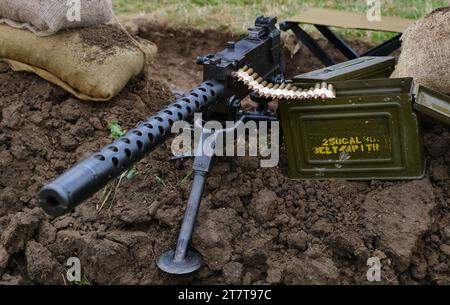 The M1919 Browning is a .30 caliber medium machine gun that was widely used during the 20th century, especially during World War II, the Korean War, Stock Photo
