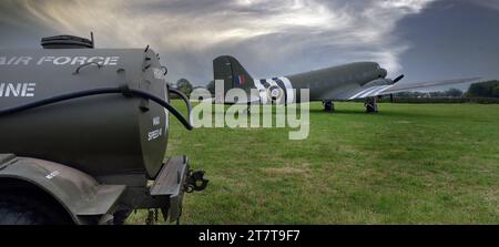 The Douglas C-47 Skytrain or Dakota is a military transport aircraft developed from the civilian Douglas DC-3 airliner. Stock Photo